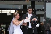 Bubbles and Butterflies.  Bride and Groom are releasing live butterflies as they exit the church after their wedding ceremony.  The guest blow bubbles as the live monarch butterflies take flight.