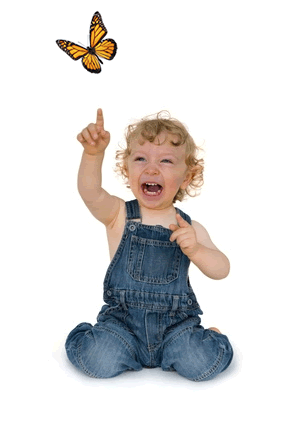 Child farmer points out a monarch butterfly.